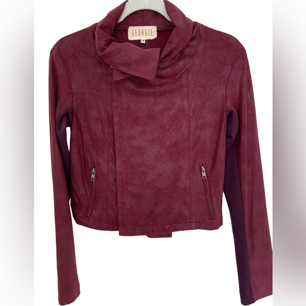 Georgie Faux Leather Cropped Moto Jacket Burgundy Size XS - Picture 2 of 6
